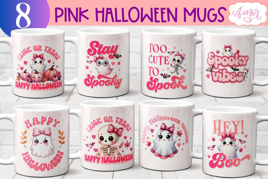 Pink Halloween mug wraps for sublimation PNG BUNDLE