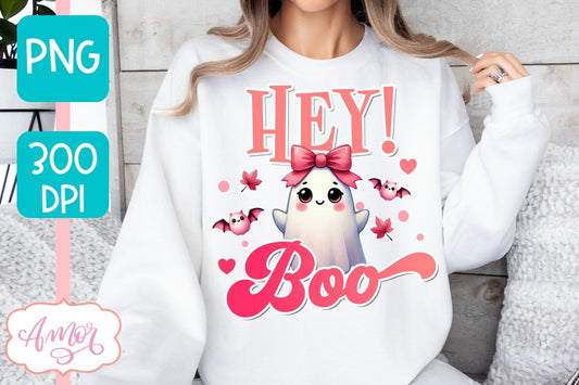 Pink Halloween sublimation PNG | Hey Boo! shirt PNG design