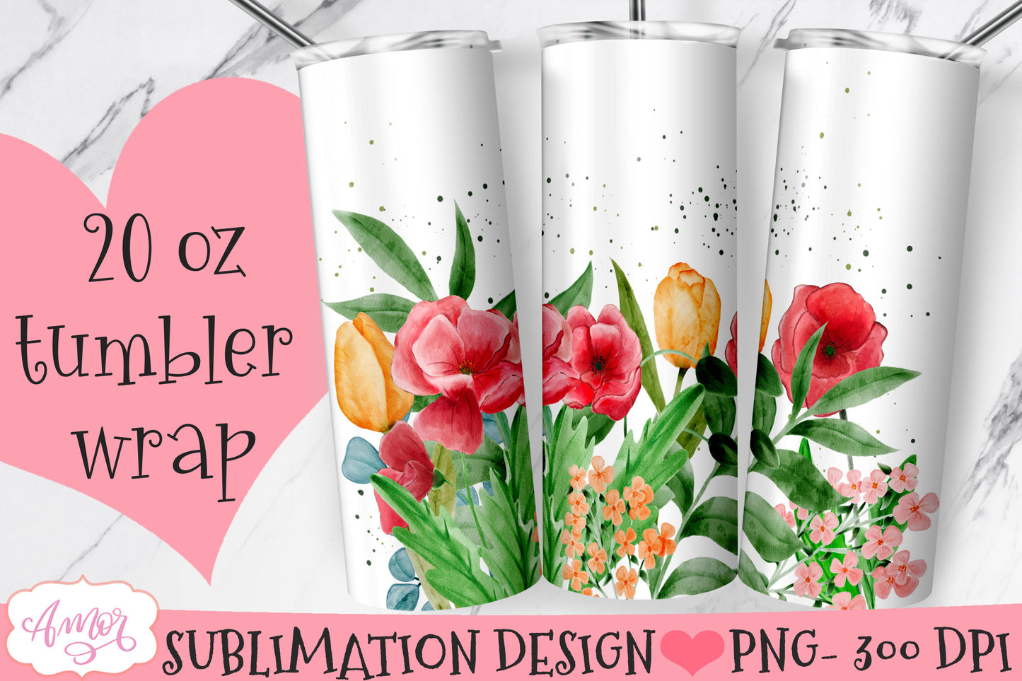Watercolor Spring Floral Tumbler Wrap for Sublimation BUNDLE