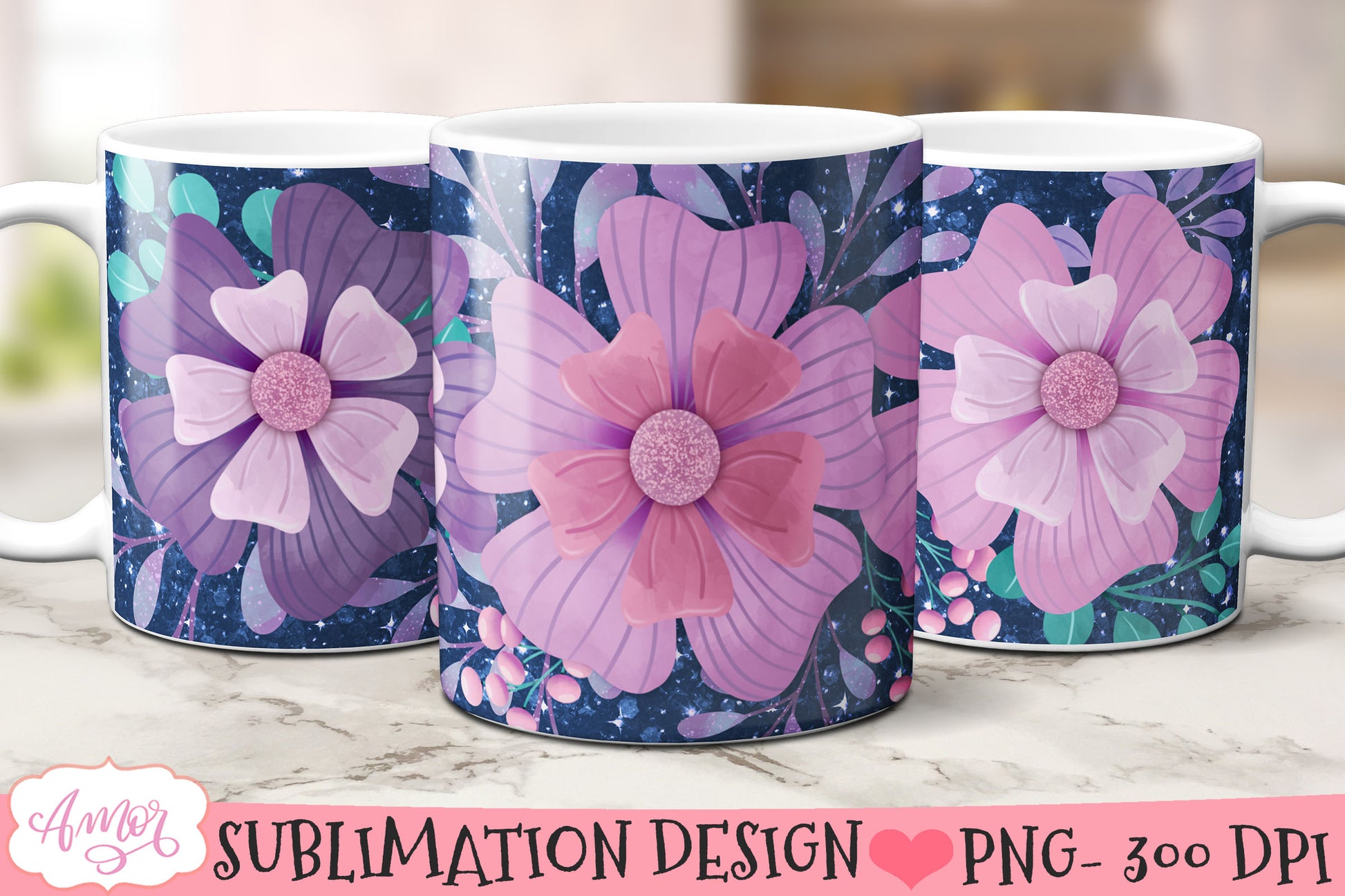 Glitter and Flowers Mug wrap PNG for Sublimation