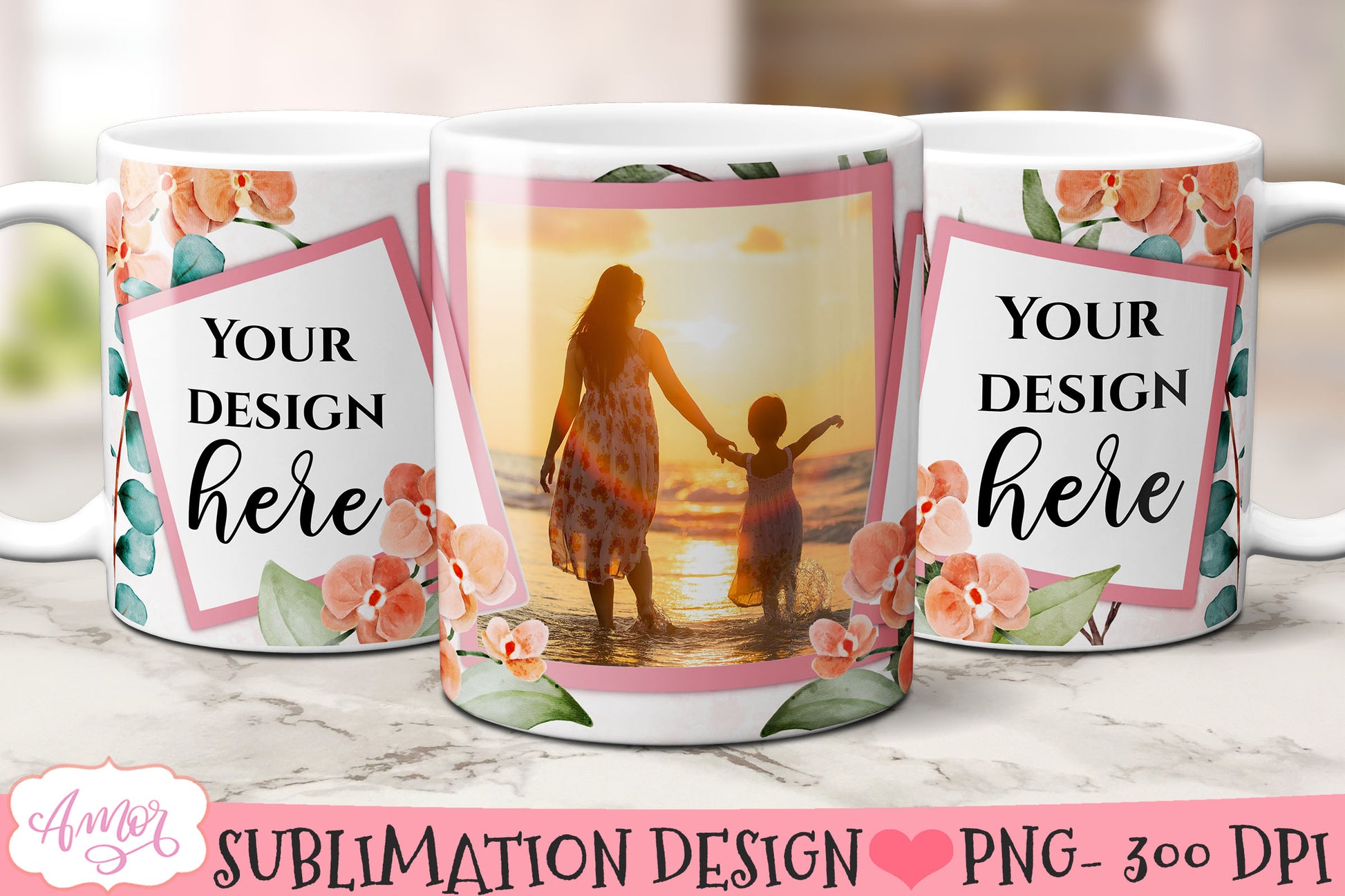 Floral photo mug sublimation bundle, customizable mugs PNG