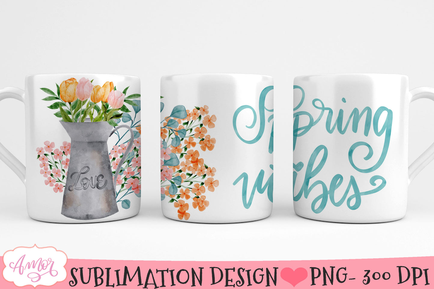 Watercolor Spring floral Mug Wraps for Sublimation BUNDLE