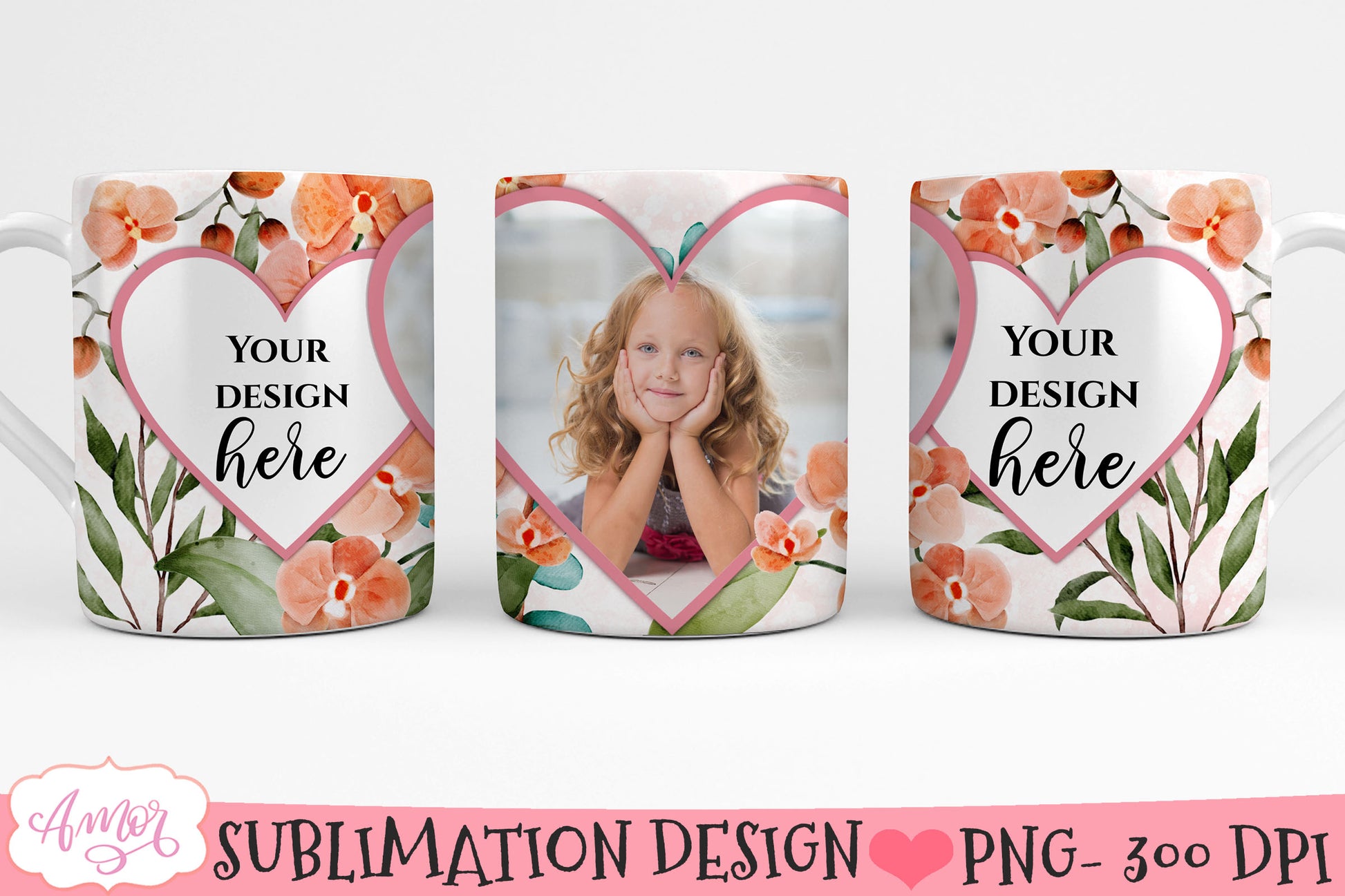 Floral photo mug sublimation bundle, customizable mugs PNG