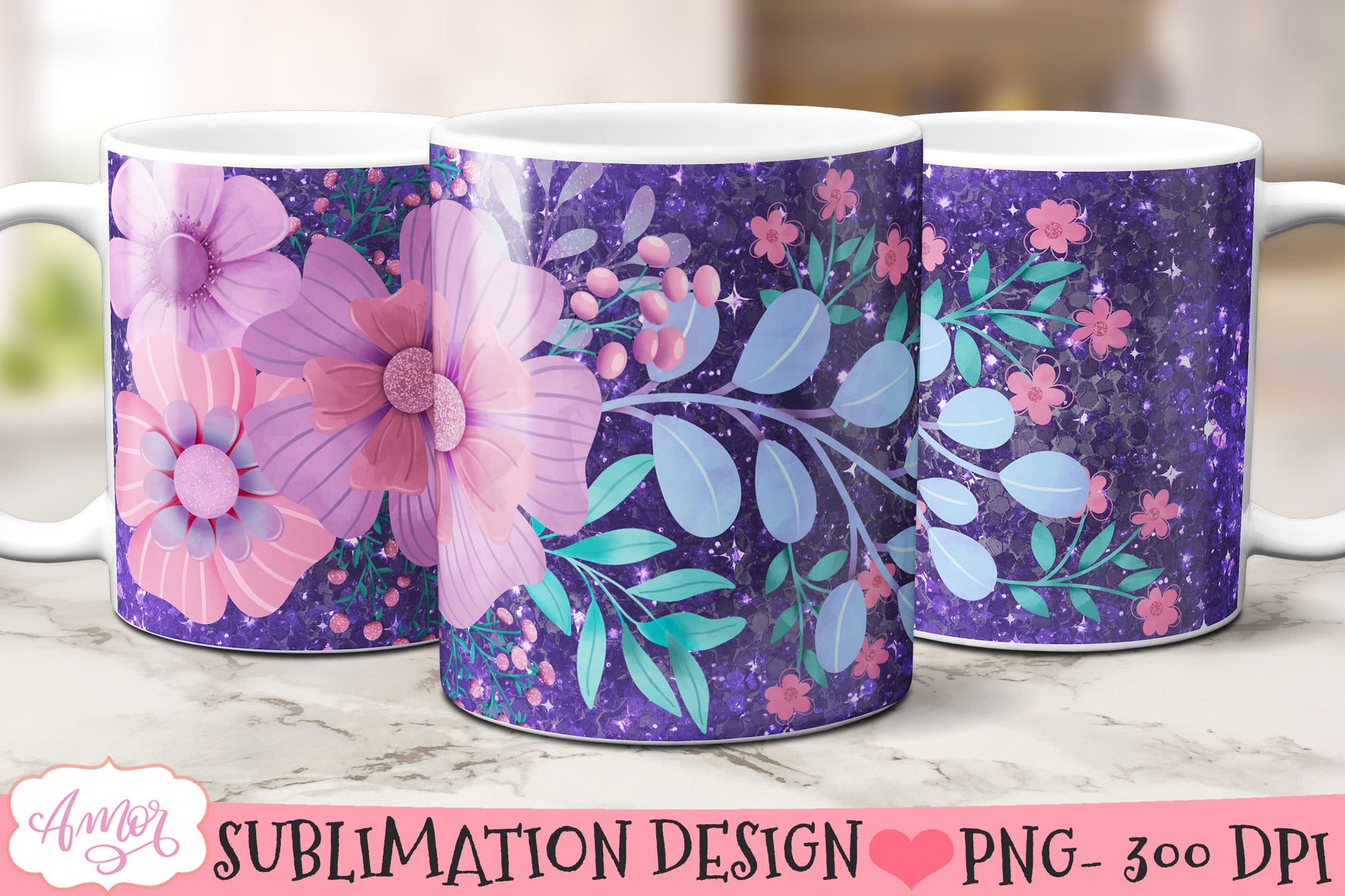 Glitter and Flowers Mug wrap PNG for Sublimation