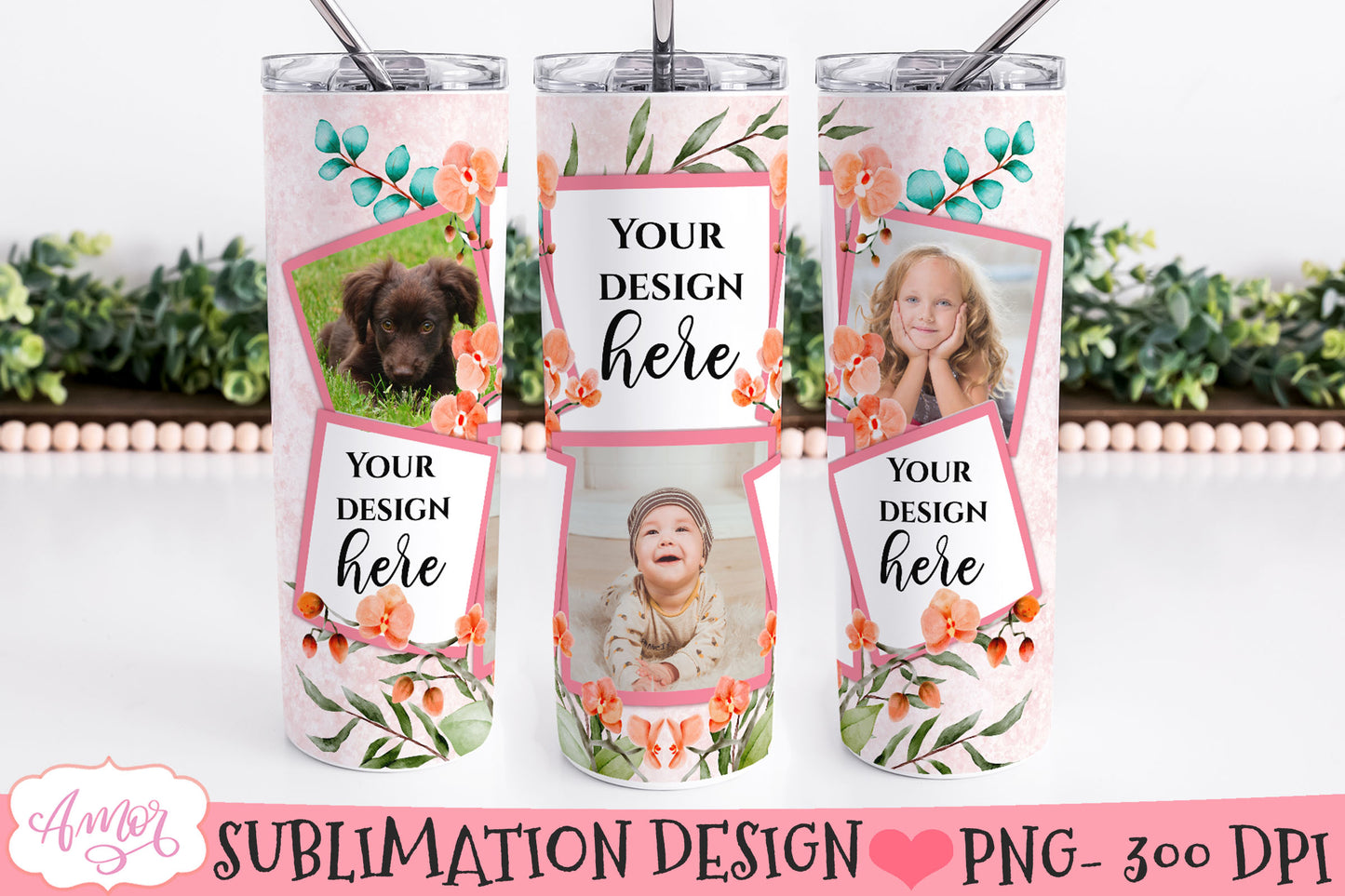 Bundle of 6 floral photo tumbler templates for sublimation
