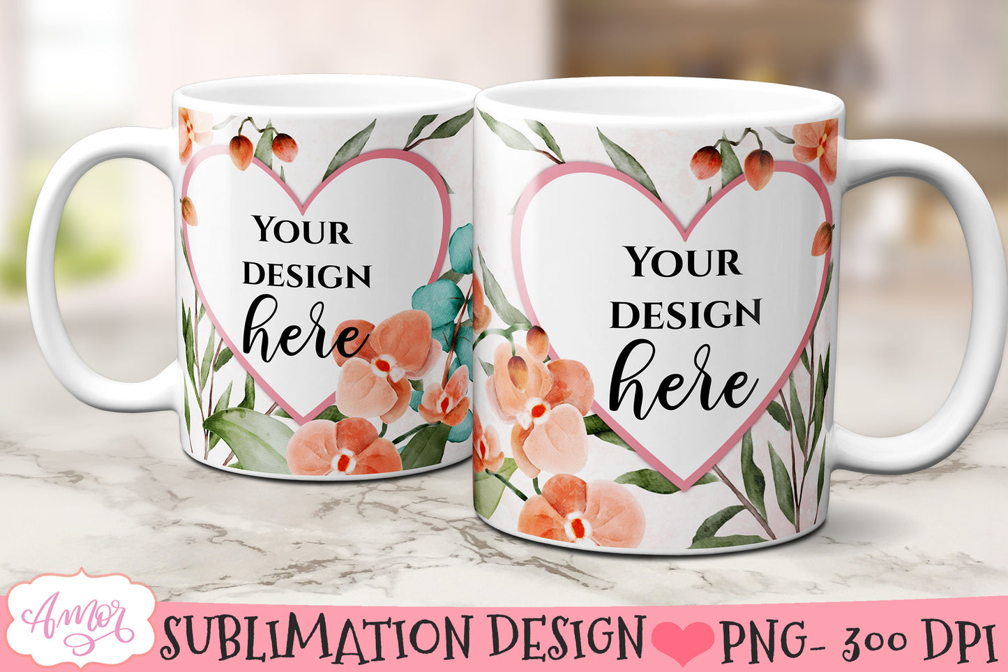 Floral photo mug sublimation bundle, customizable mugs PNG