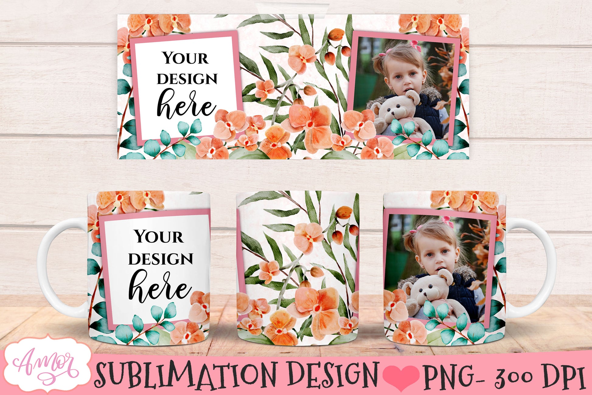 Floral photo mug sublimation bundle, customizable mugs PNG