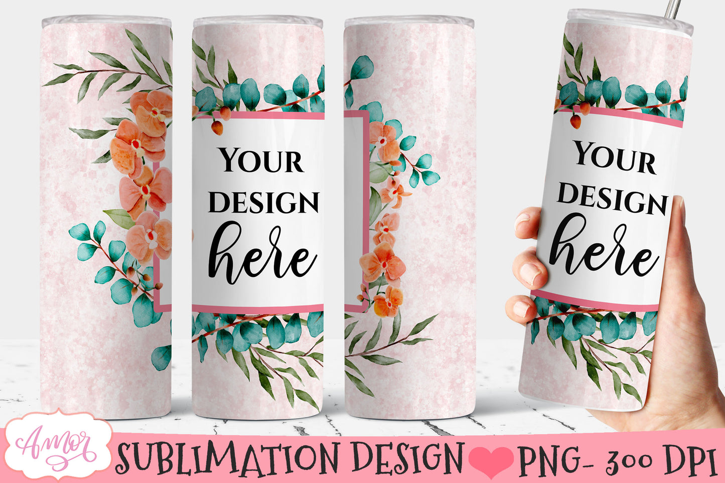 Bundle of 6 floral photo tumbler templates for sublimation