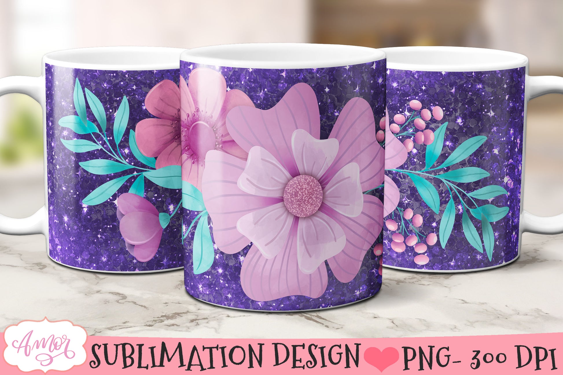 Glitter and Flowers Mug wrap PNG for Sublimation