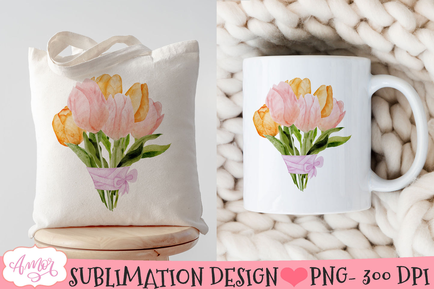 Watercolor tulips bouquet PNG for sublimation | Spring mug