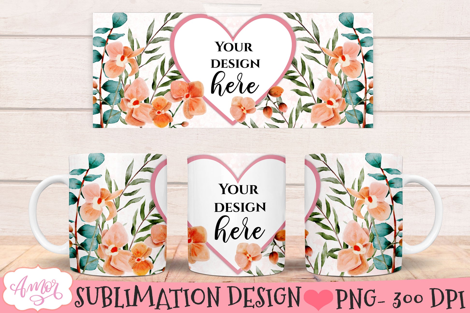 Floral photo mug sublimation bundle, customizable mugs PNG