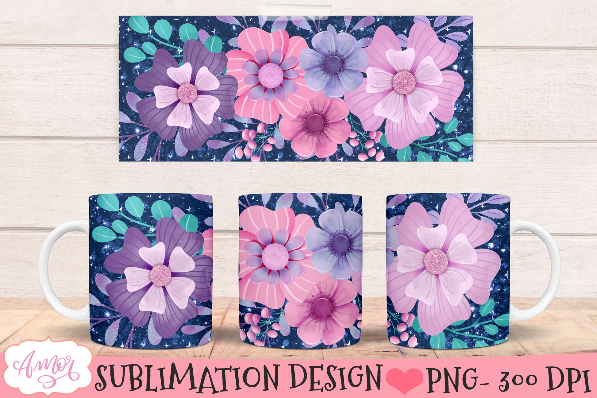 Glitter and Flowers Mug wrap PNG for Sublimation