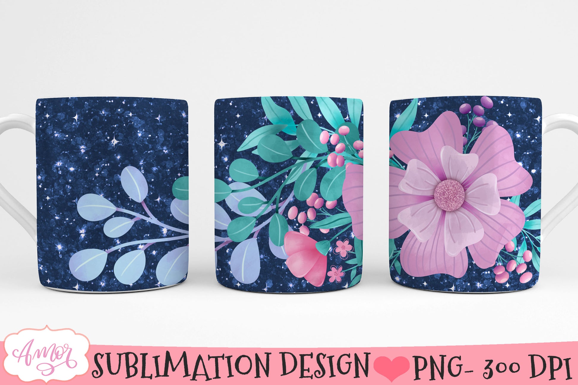 Glitter and Flowers Mug wrap PNG for Sublimation