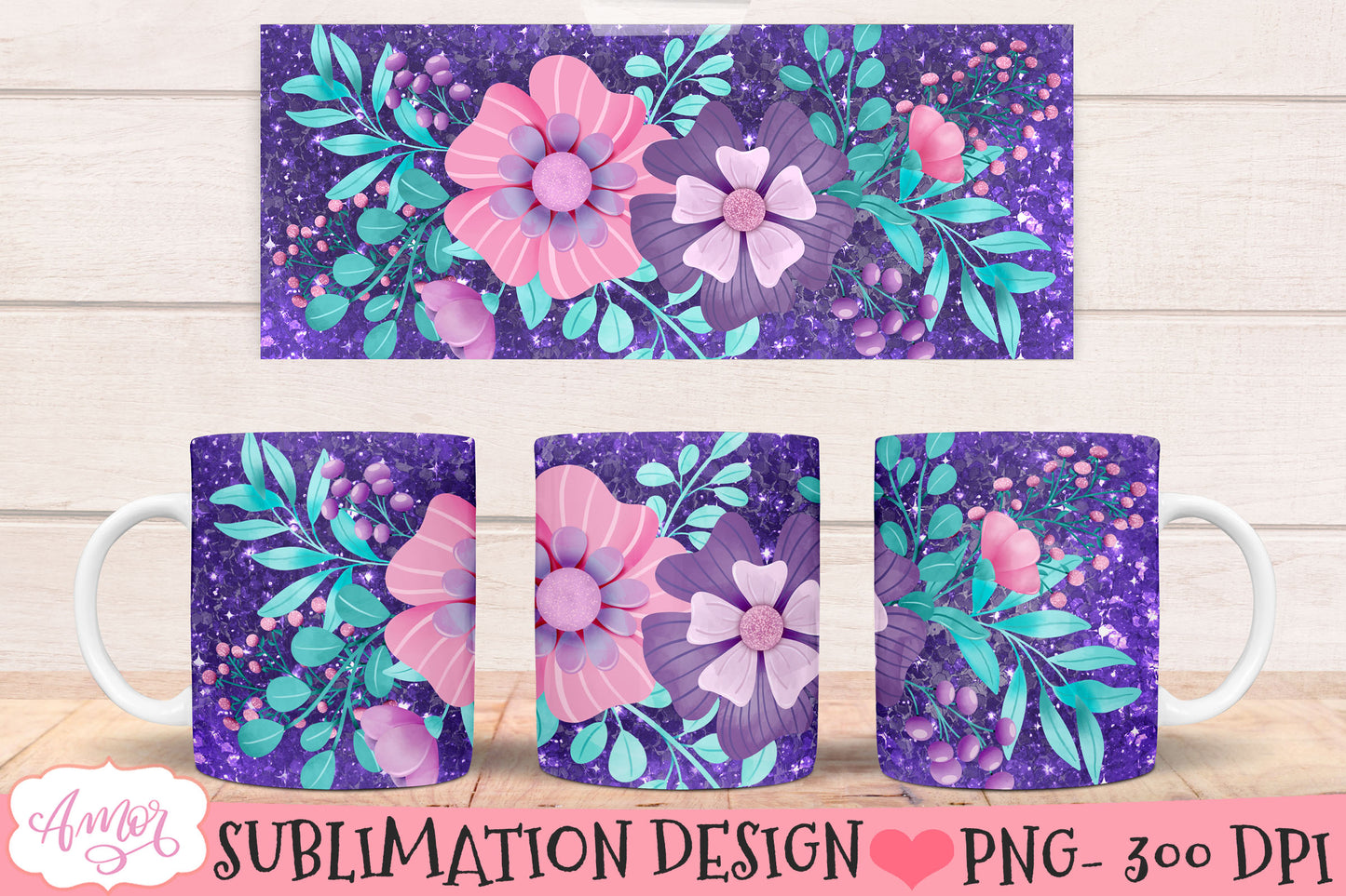 Glitter and Flowers Mug wrap PNG for Sublimation