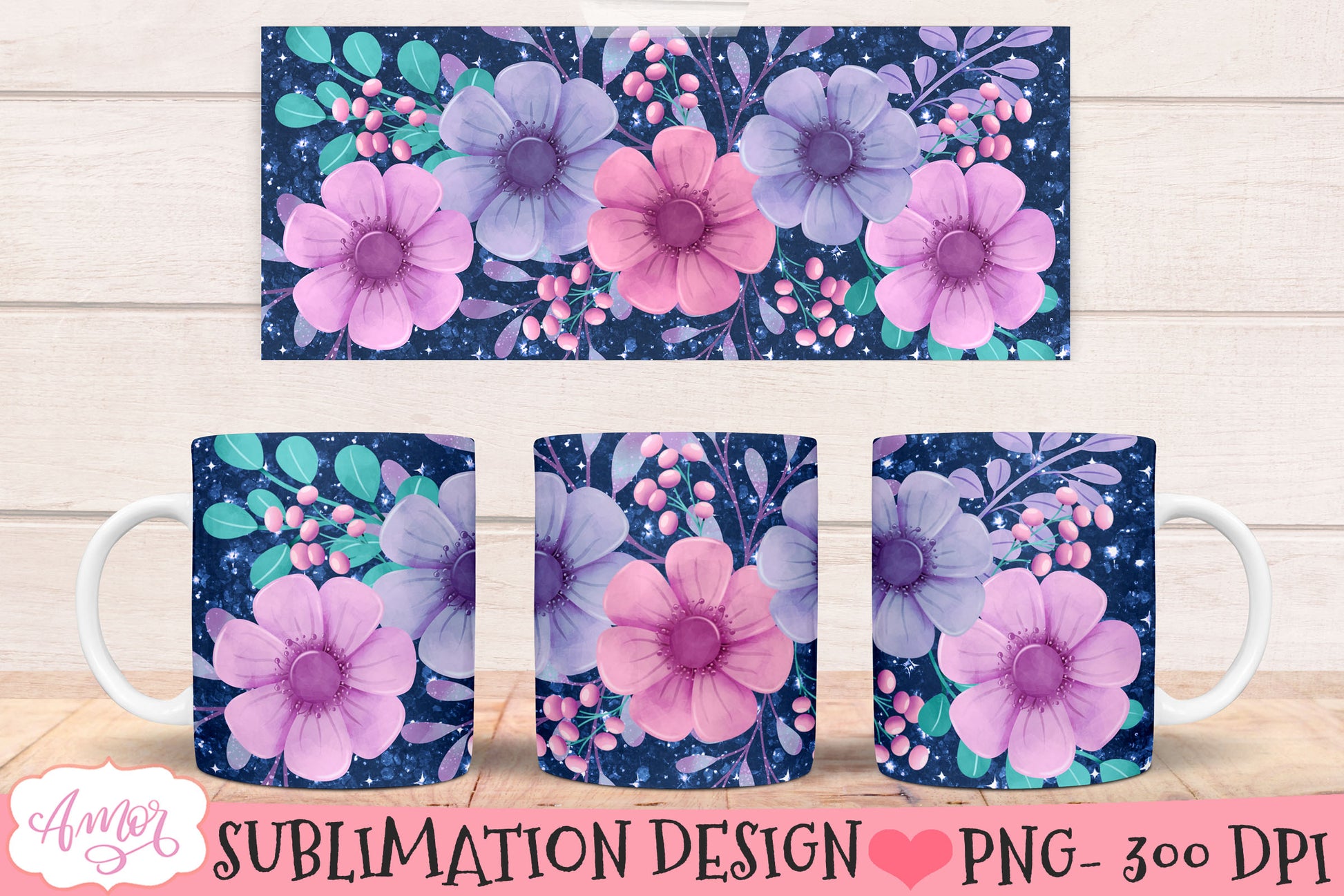 Glitter and Flowers Mug wrap PNG for Sublimation