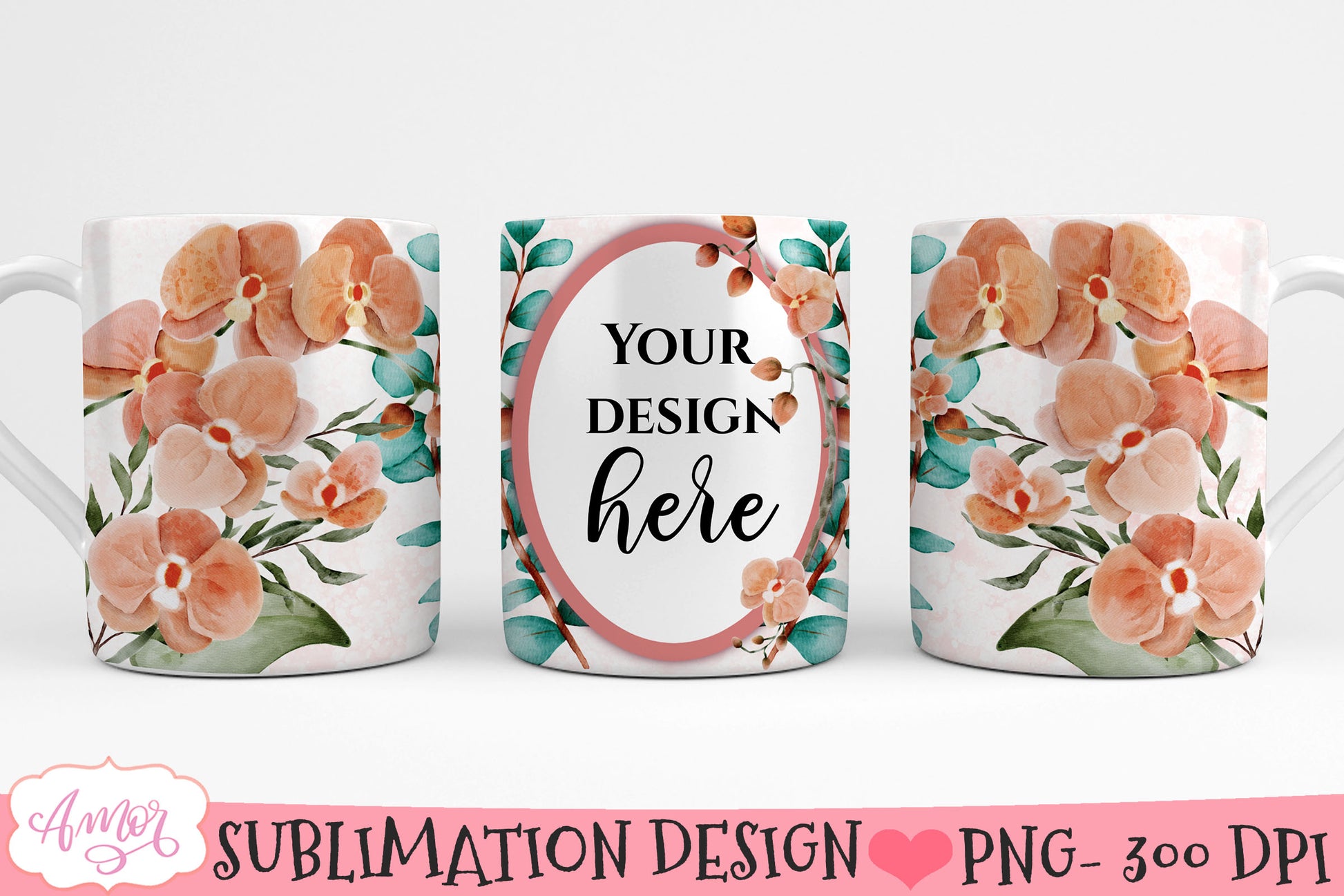 Floral photo mug sublimation bundle, customizable mugs PNG