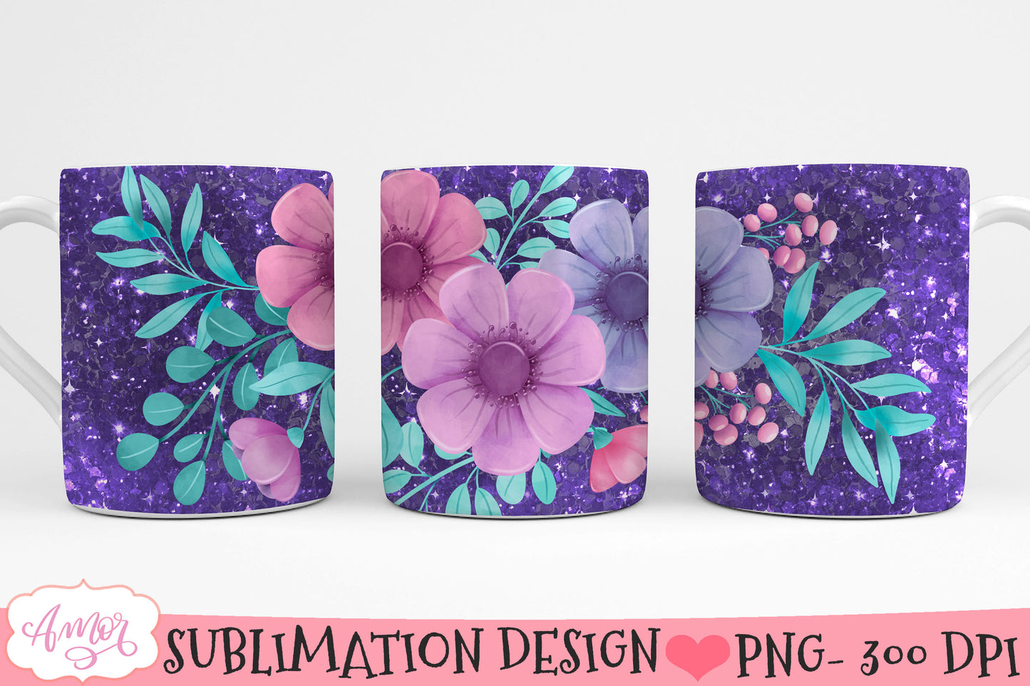 Glitter and Flowers Mug wrap PNG for Sublimation