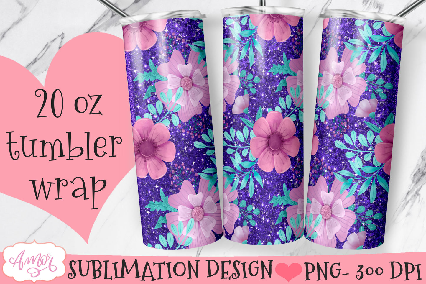 Flowers and glitter 20oz tumbler wrap sublimation PNG BUNDLE