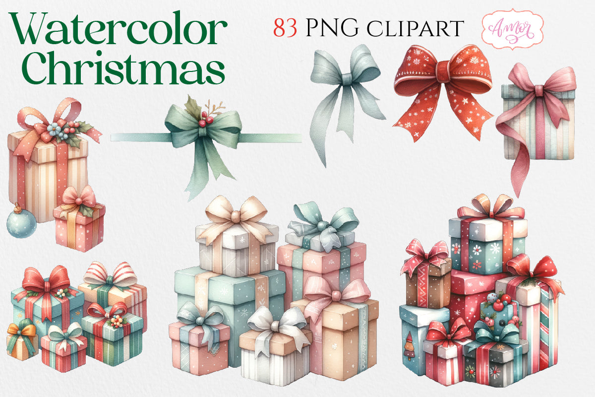 Watercolor Christmas PNG clipart BUNDLE