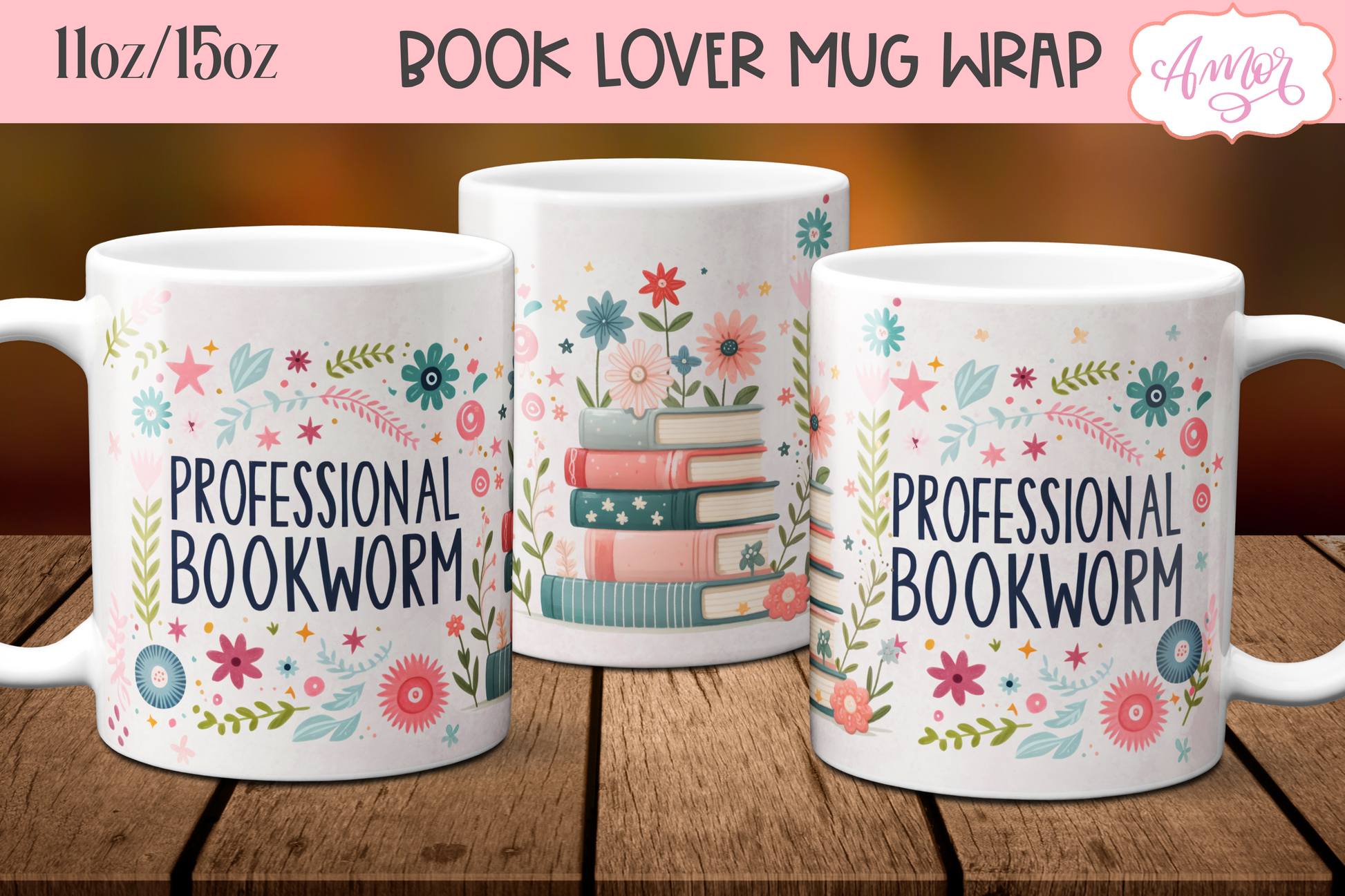 Professional bookworm mug wrap sublimation PNG | Book lover