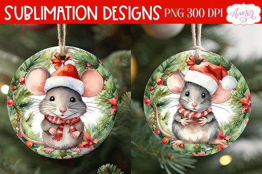 Round christmas ornament PNG sublimation | Cute mouse PNG