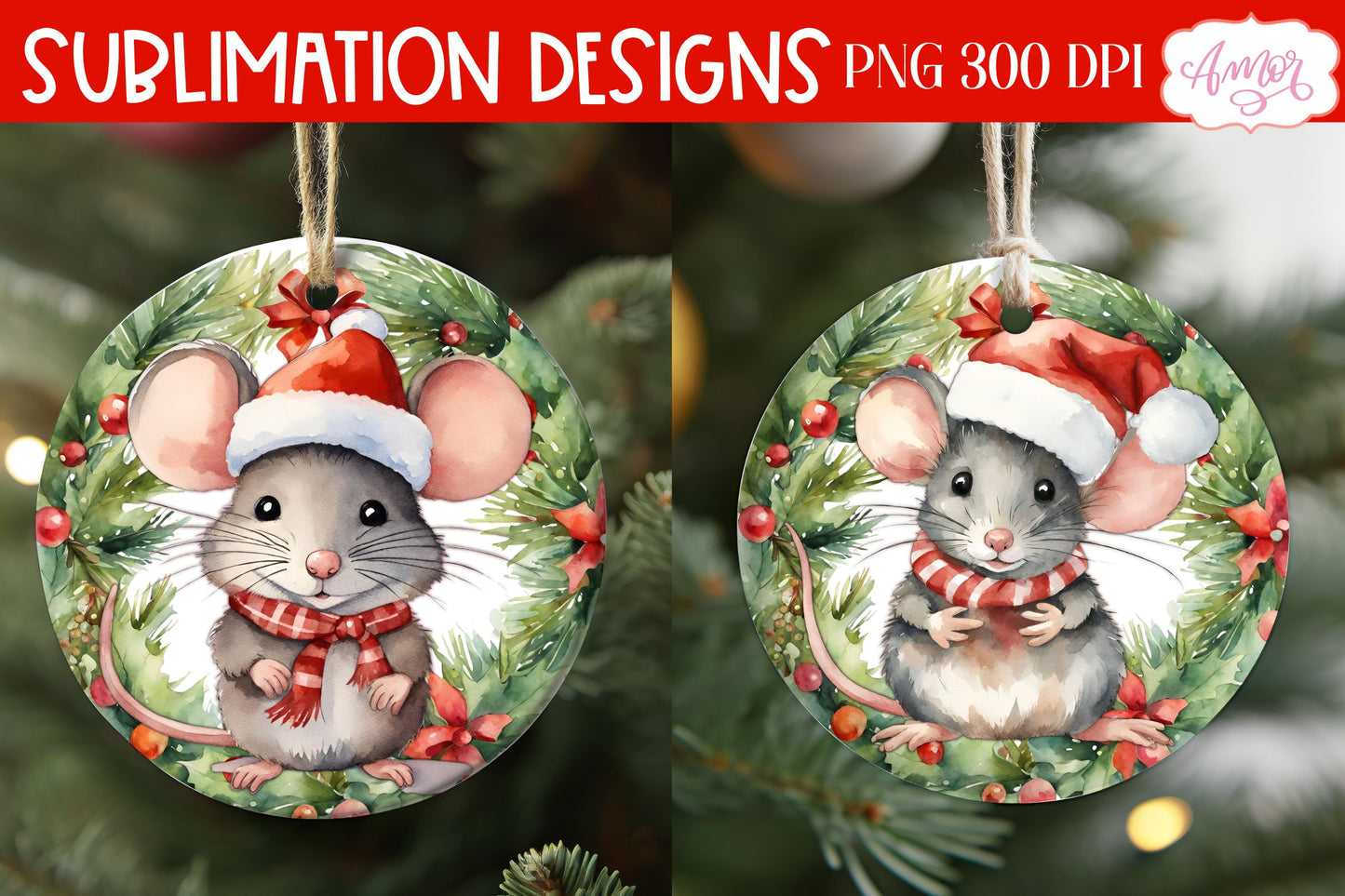 Round christmas ornament PNG sublimation | Cute mouse PNG