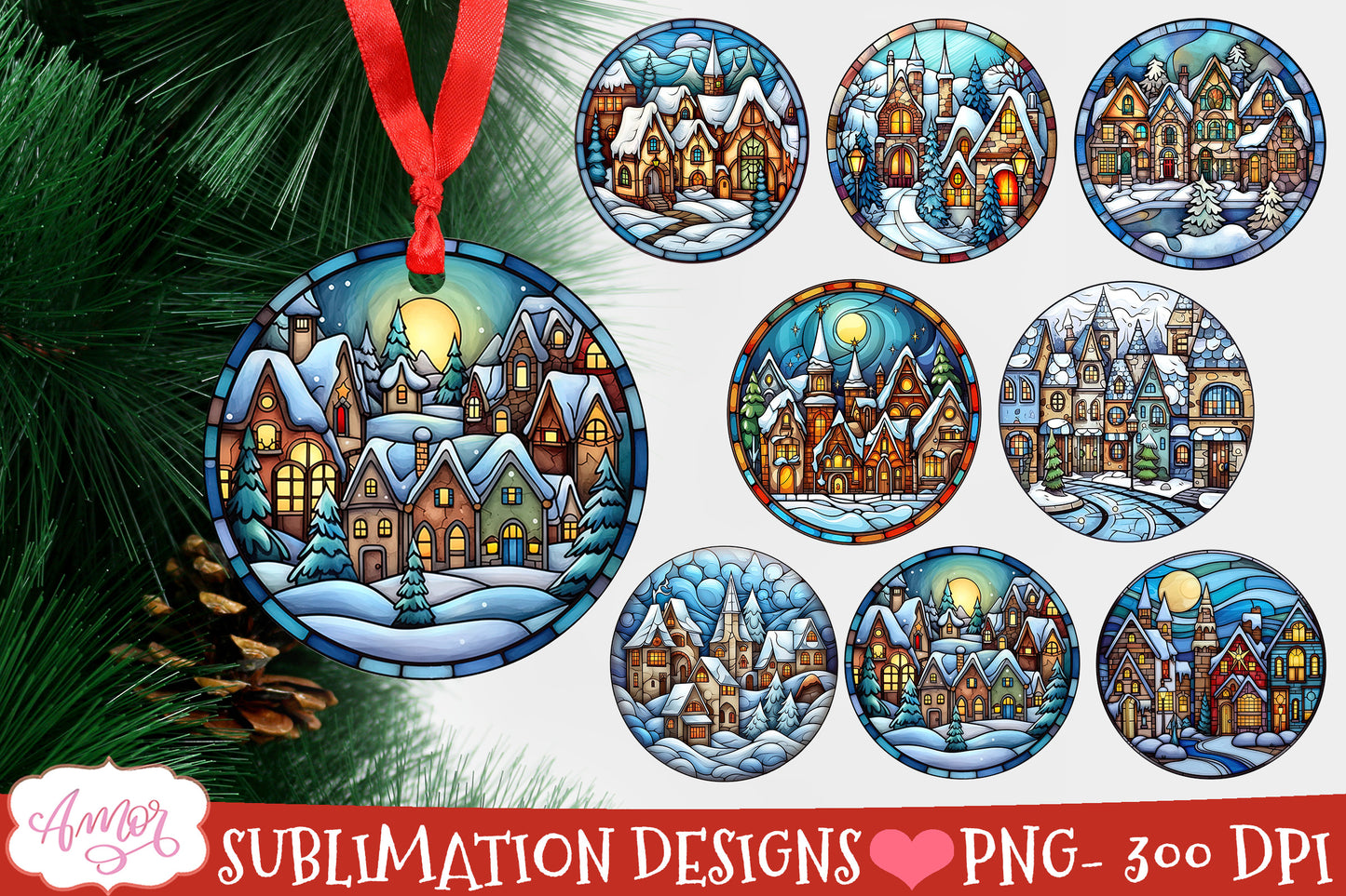 Round stained glass christmas ornament sublimation