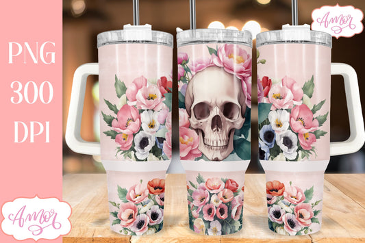 Skull and flowers 40 oz tumbler wrap | Spring PNG sublimation