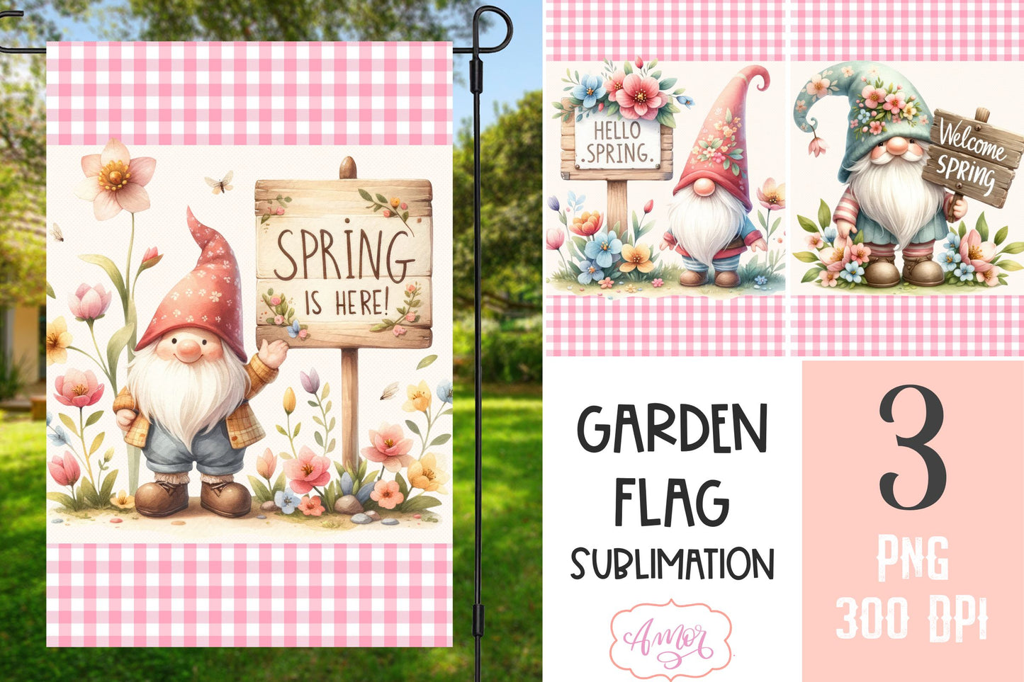 Spring Gnome Garden Flags Sublimation Designs