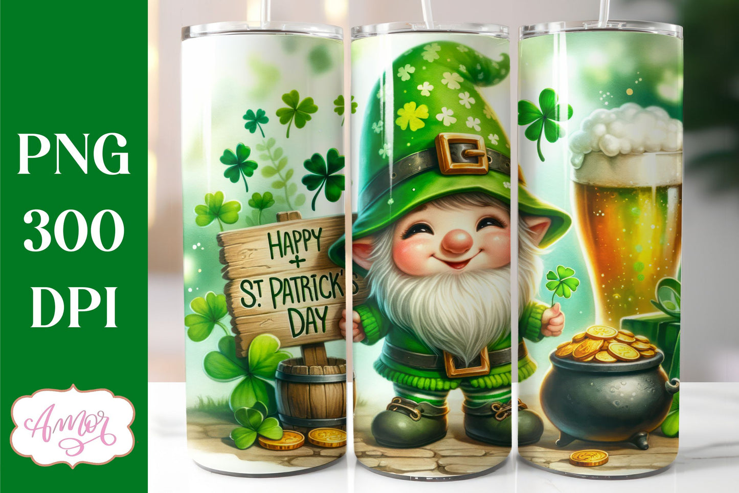St. Patrick's Day gnome tumbler wrap PNG for sublimation