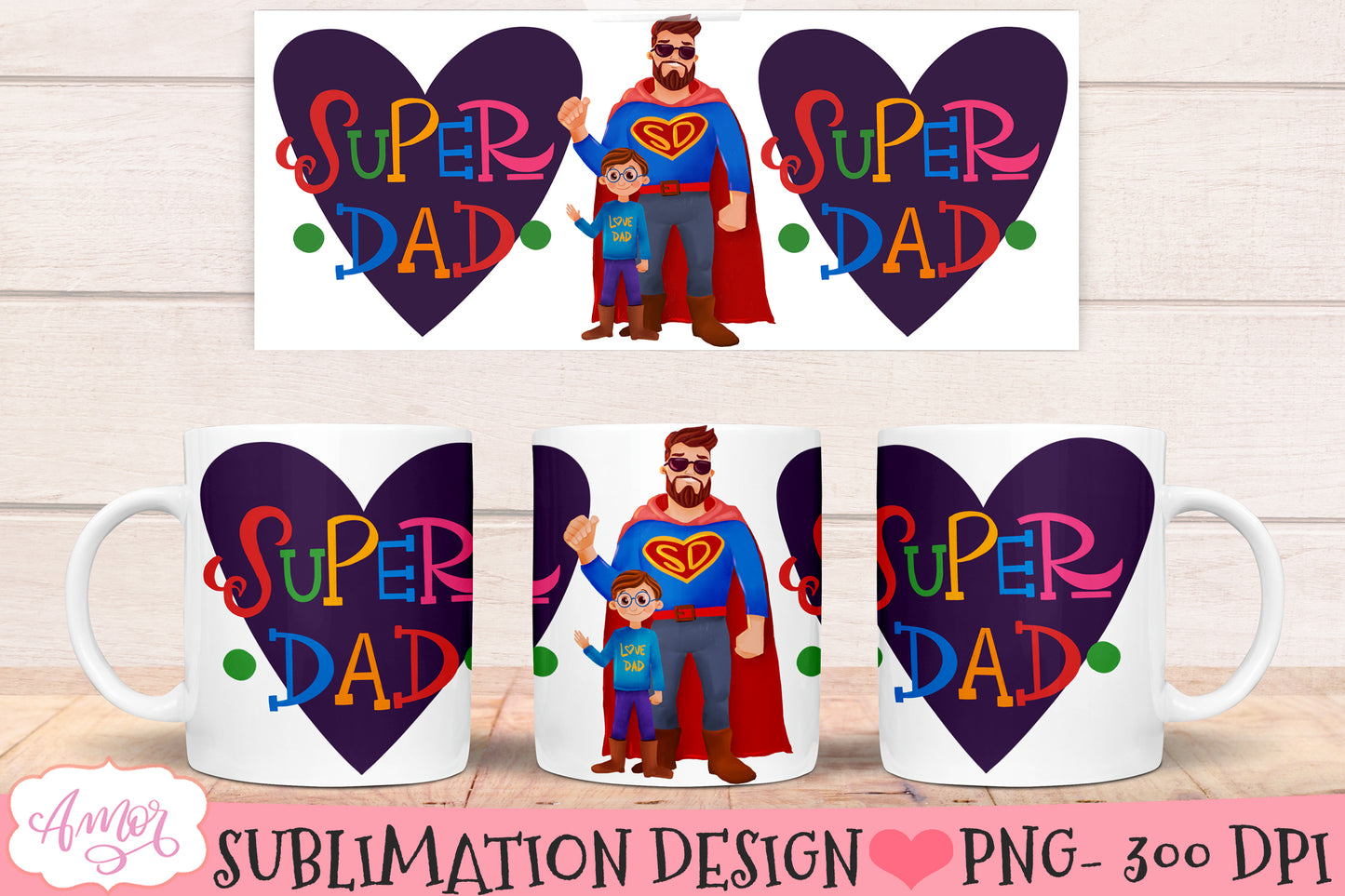 Super Dad and Son mug wrap for sublimation | Father's day