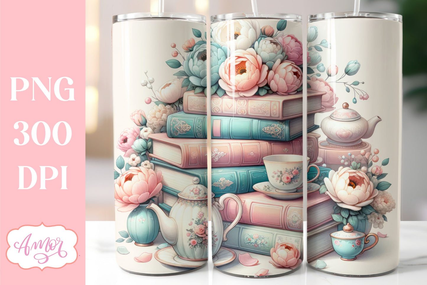 Tea and books tumbler wrap sublimation PNG | book lover PNG