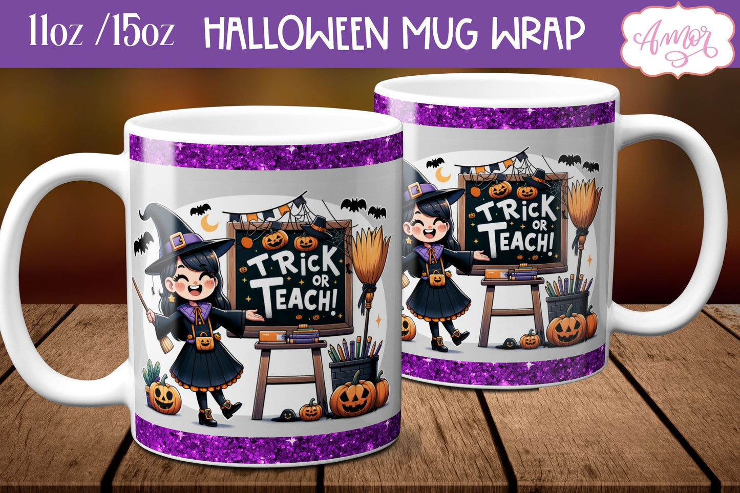 Trick or teach mug wrap PNG Teacher Halloween mug design