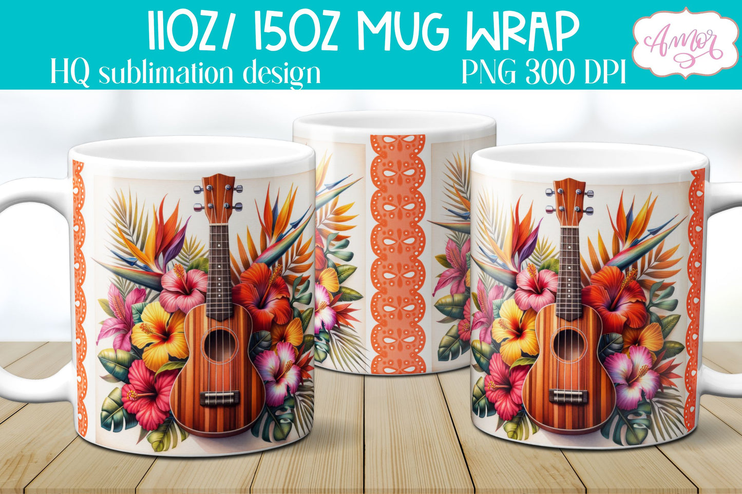 Ukulele Mug Wrap PNG for Sublimation