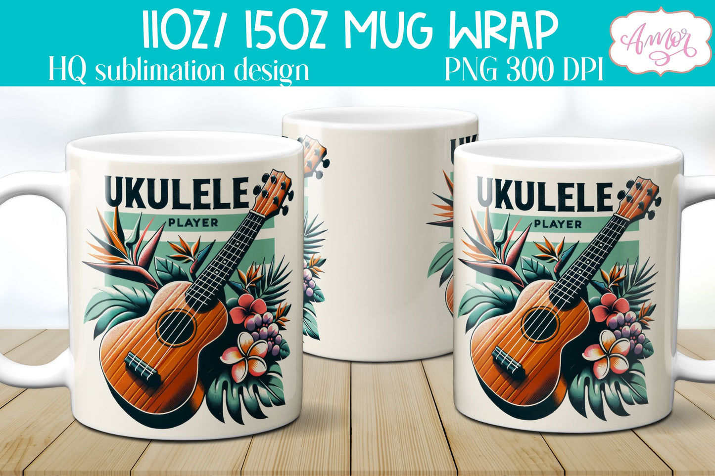 Ukulele Player Mug Wrap PNG for Sublimation