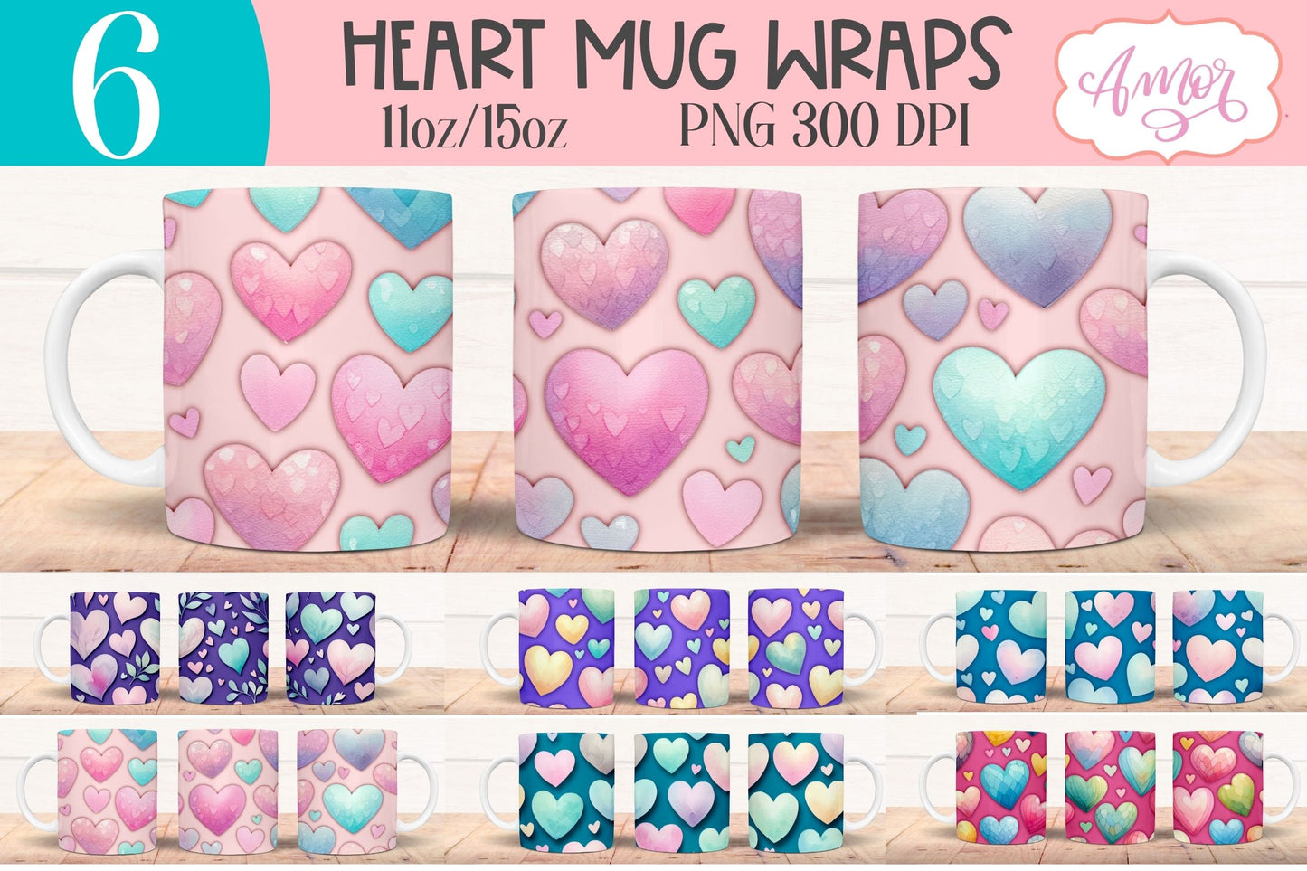 Valentine hearts Wraps for Sublimation Bundle | 6 mug design