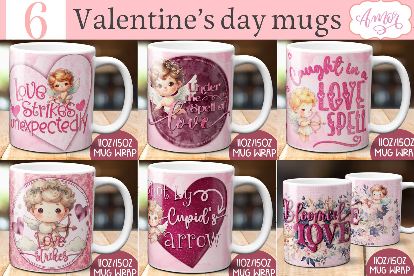 Valentines Mug Wraps for Sublimation Bundle | 6 mug designs
