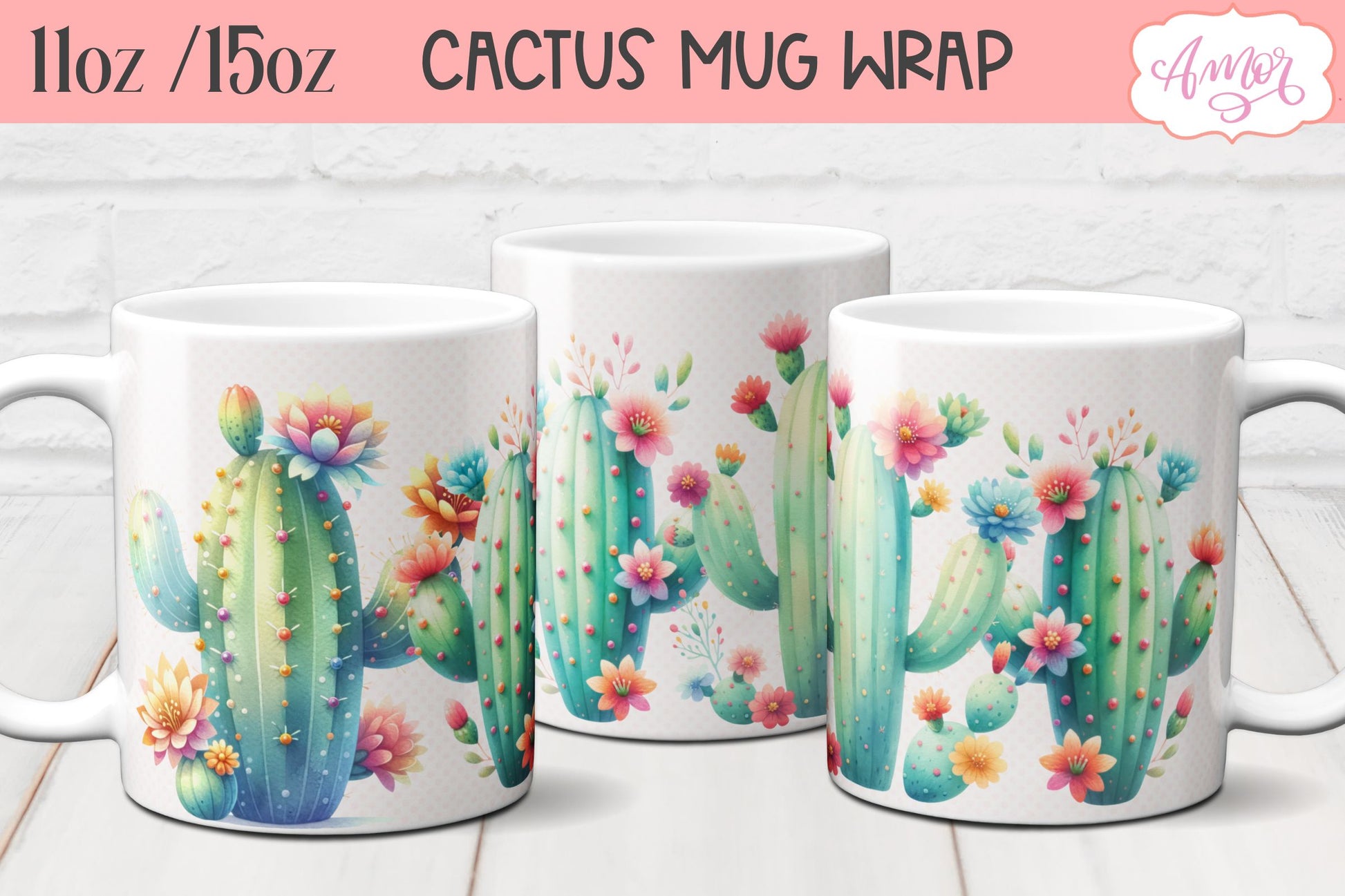 Watercolor Cactus mug wrap PNG for sublimation