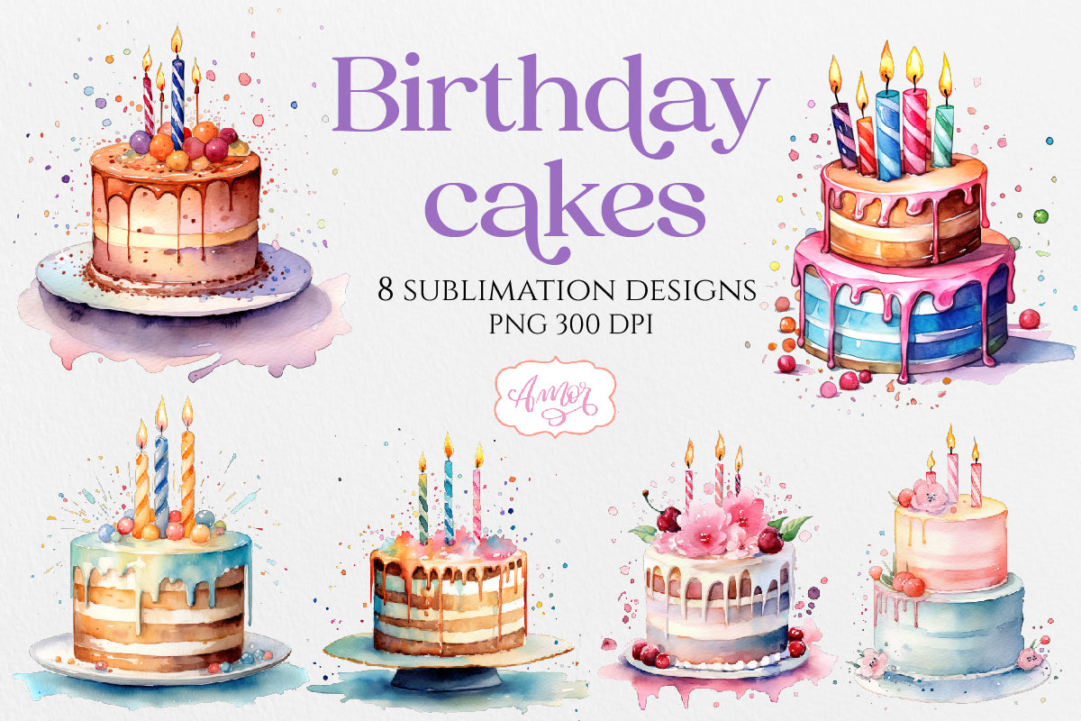 Watercolor birthday cakes clipart PNG for sublimation