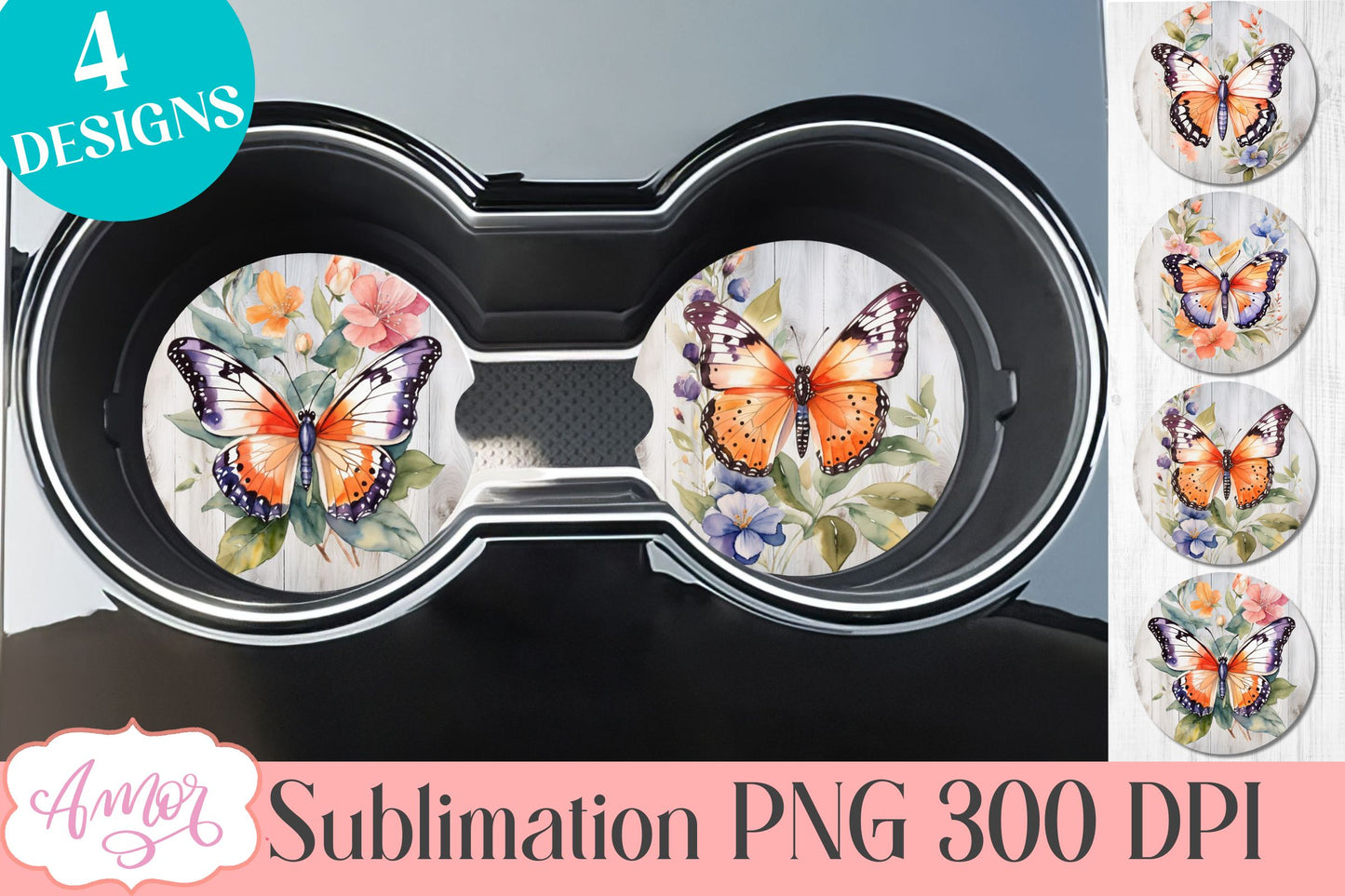 Watercolor butterfly PNG designs for car coaster sublimation