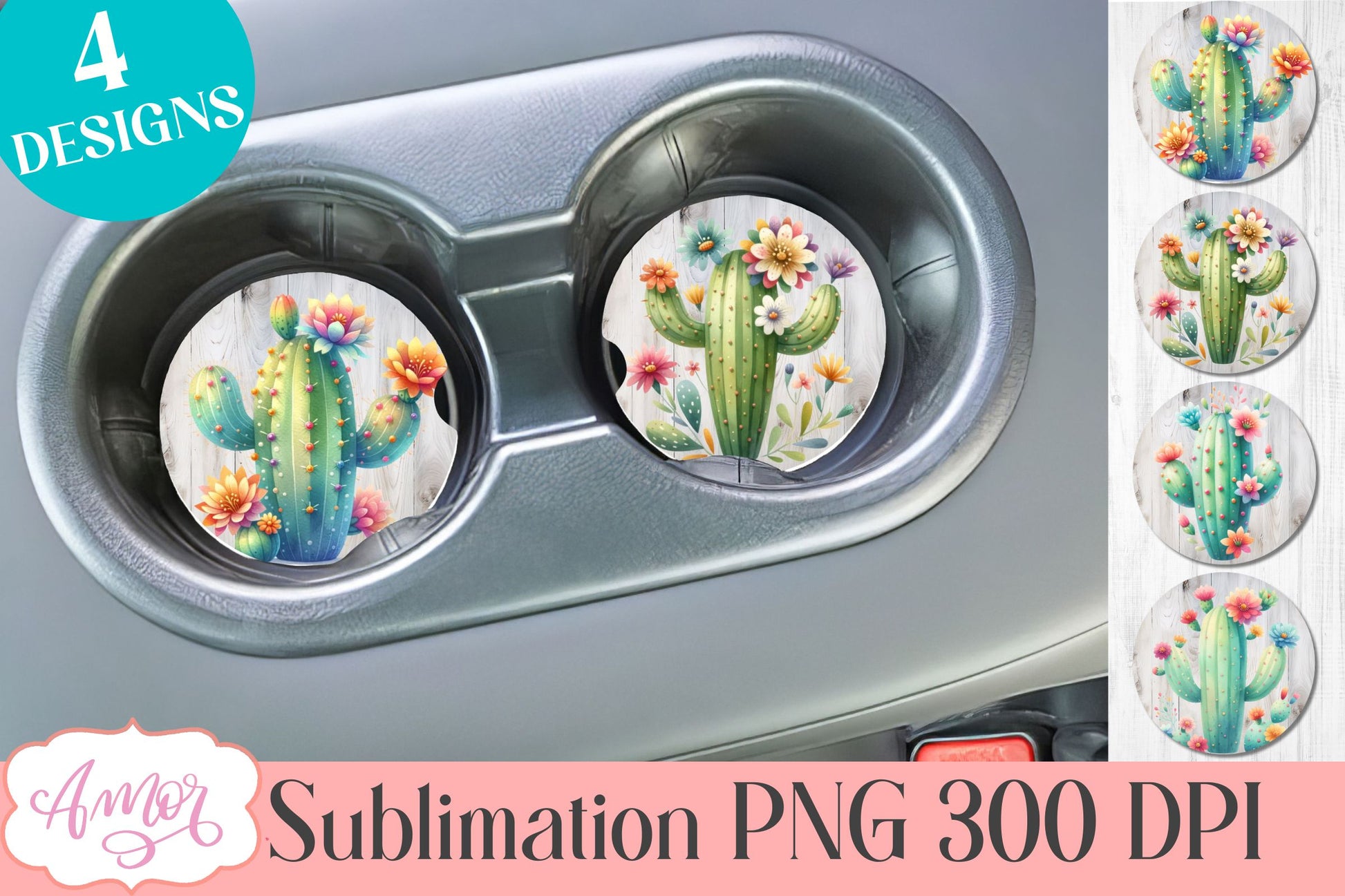 Watercolor cactus designs for car coaster sublimation