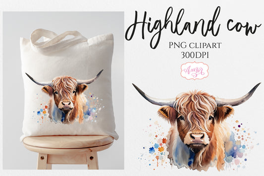 Watercolor highland cow PNG for sublimation clipart