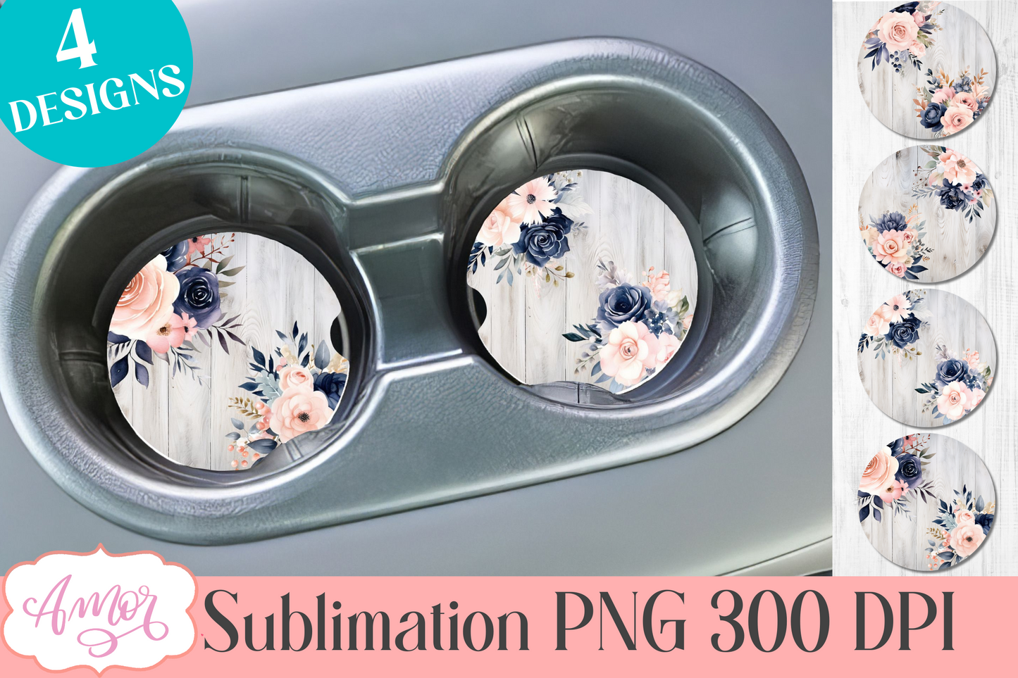 Watercolor navy floral designs for car coaster sublimation