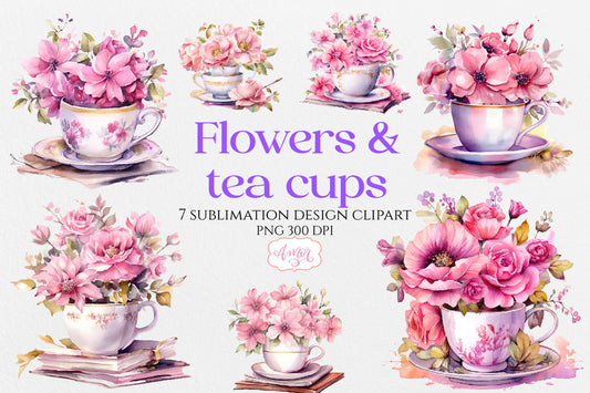 Watercolor tea cup and flowers sublimation PNG bundle