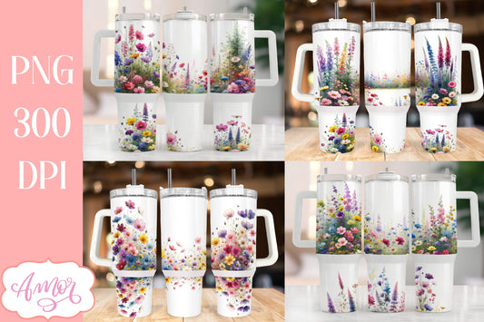 Watercolor wildflowers 40 oz tumbler PNG for sublimation