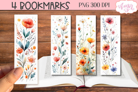 Watercolor wildflowers bookmark PNG printable | 4 PNG