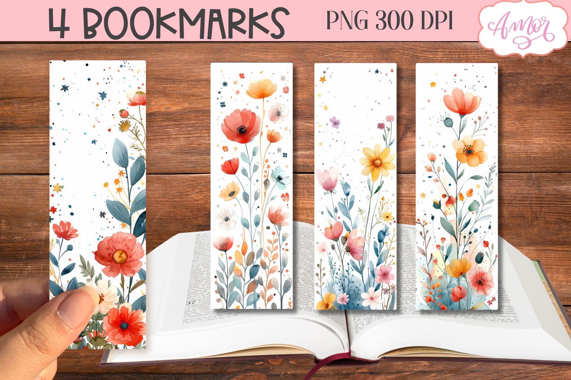 Watercolor wildflowers bookmark PNG printable | 4 PNG