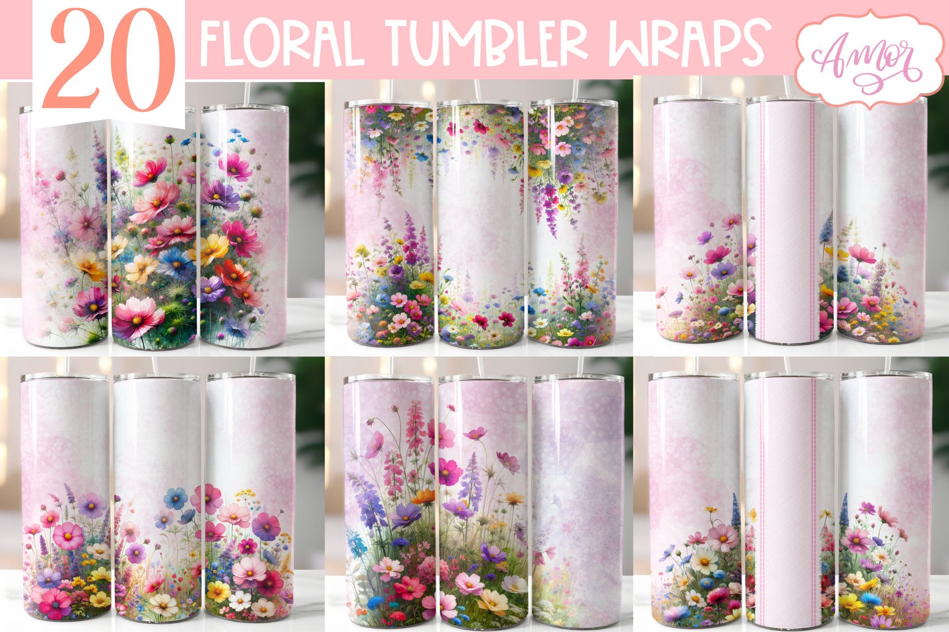 Watercolor wildflowers tumbler PNG | Customizable PNG BUNDLE