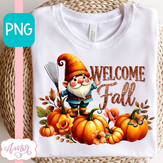 Welcome fall sublimation PNG | cute fall gnome PNG design