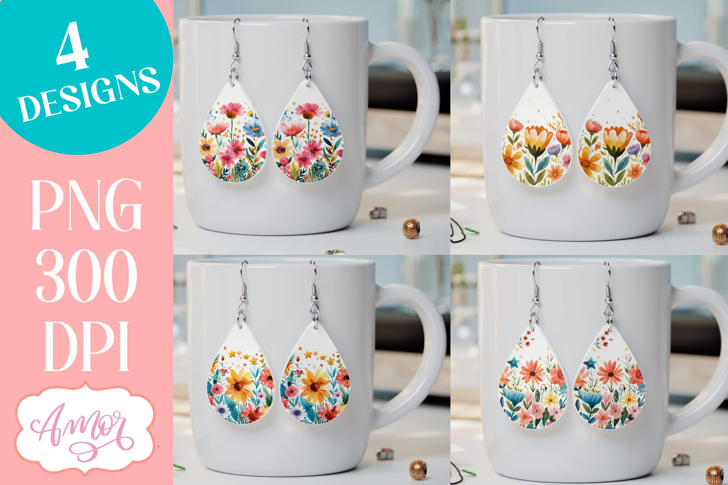 Wildlfower teardrop earrings for sublimation | Spring PNG